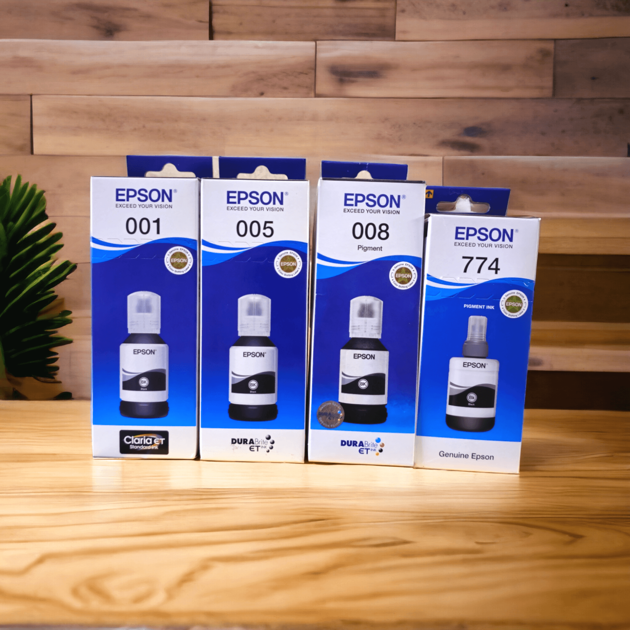 Epson EcoTank Genuine Ink — 001 / 005 / 008 / 774 — available at More Copy Systems, Ernakulam, Kochi